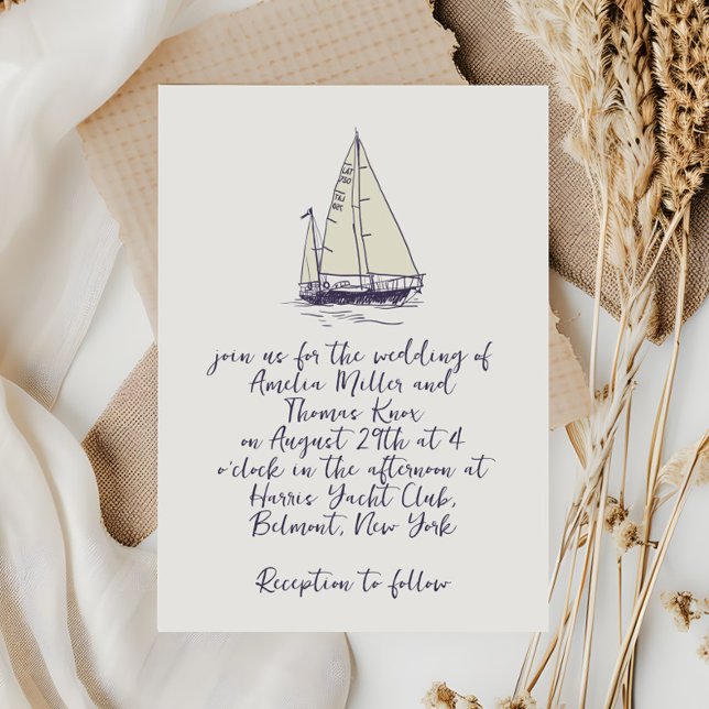 Whimsical Handgeschriebenes Blue Sailboat Wedding Einladung (Von Creator hochgeladen)