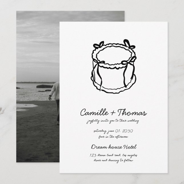 Whimsical handGezeichnet Cake Foto Hochzeitsfeiern Save The Date (Vorne/Hinten)