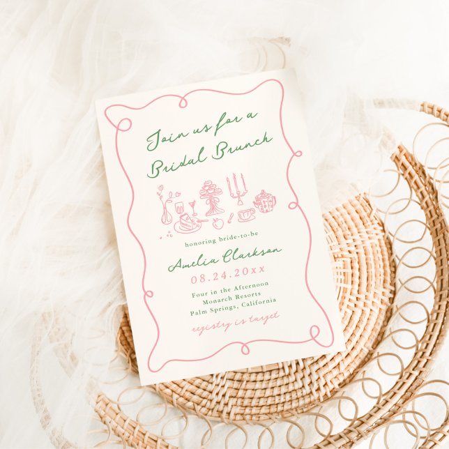 Whimsical Handgezeichnet Pink & Green Bridal Brunc Einladung (Von Creator hochgeladen)