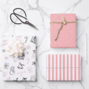 Whimsical Handgezeichnete Doodle-Weihnachten Pink  Geschenkpapier Set