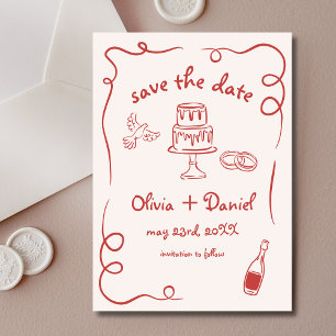 Whimsical Handgezeichnete Hochzeit Rot Save The Date