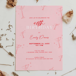 Whimsical Handgezogen Martini 40. Geburtstag Party Einladung