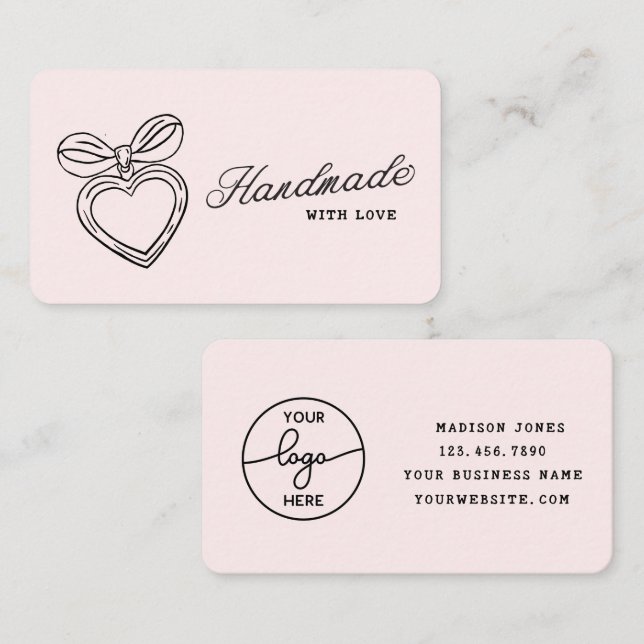 Whimsical Handmade with Love Script Heart Bow Logo Visitenkarte (Vorne/Hinten)