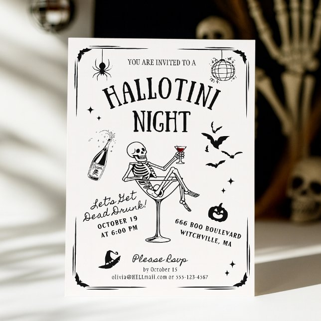 Whimsical Handwritten Skeleton Martini Halloween  Einladung (Von Creator hochgeladen)