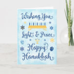 Whimsical Hanukkah Licht und Frieden Feiertagskarte<br><div class="desc">Eine jüdische Hanukkah-Theme-Karte mit einer Menorah,  Stern von David und Driedel.  Der Text lautet "Wishing You Light & Peace Happy Hanukkah.  Der Hintergrund ist eine hellblaue Aquarellwäsche.  Personalisieren Sie die Innenseite mit Ihrer eigenen Nachricht und/oder Ihrem Firmenlogo.</div>