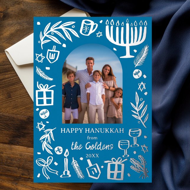 Whimsical HANUKKAH Niedliches kundenspezifisches F Folien Feiertagskarte (Whimsical HANUKKAH Cute Custom Photo SILVER Foil Holiday Card
)