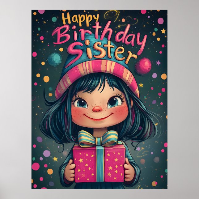 Whimsical Happy Birthday Schwester Illustration Poster (Vorne)