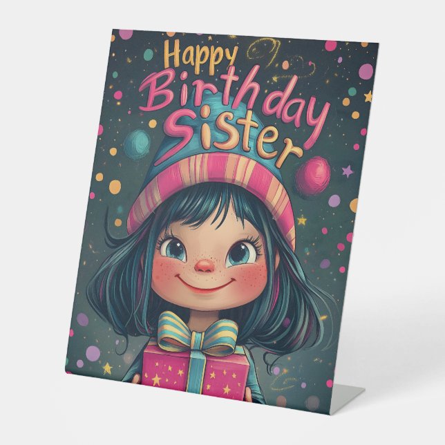 Whimsical Happy Birthday Schwester Illustration Sockelschild (Vorderseite)