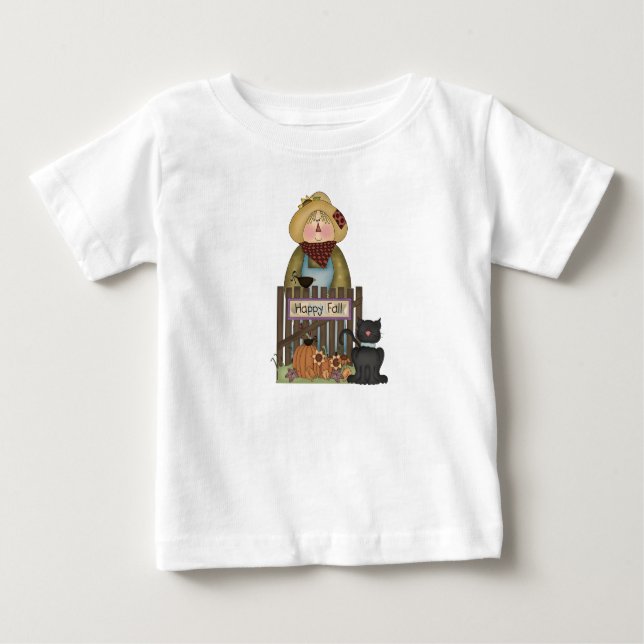 Whimsical Happy Fall Scarecrow mit schwarzer Katze Baby T-shirt (Vorderseite)