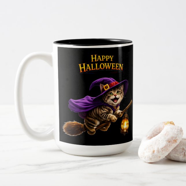 Whimsical happy Halloween two Zweifarbige Tasse (Mit Donut)