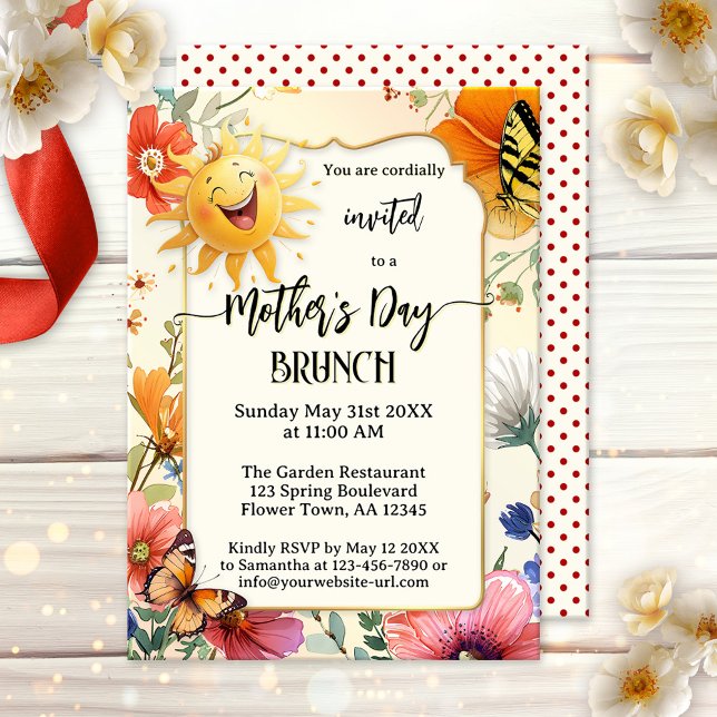Whimsical Happy Mother's Day Brunch Einladung (Mother's Day brunch or lunch invitation featuring a laughing sun on a watercolor wildflower design)