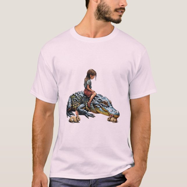 Whimsical Harmony: Girl Riding a Alligator T-Shirt (Vorderseite)