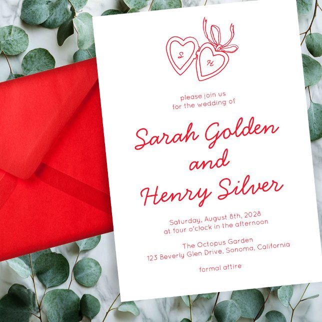Whimsical Heart Locket Doodle Sketch Modern CUSTOM Einladung (Whimsical Heart Locket Doodle Sketch Modern CUSTOM Invitation Red White)