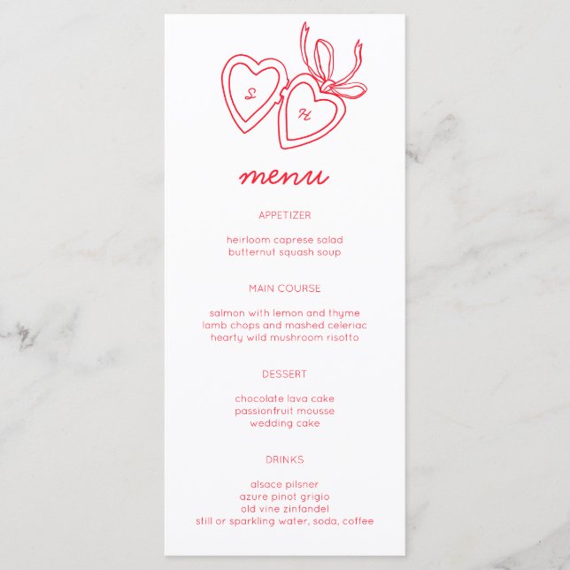 Whimsical Heart Locket Doodle Sketch Modern CUSTOM Menükarte (Vorderseite)