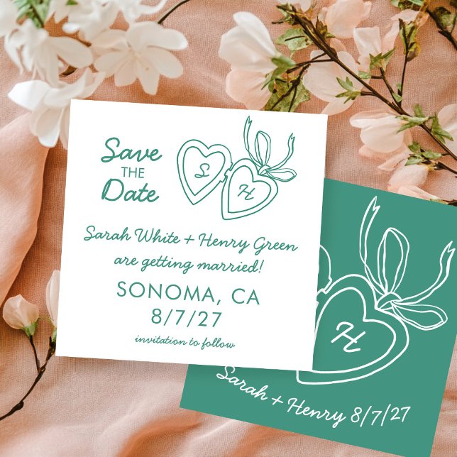 Whimsical Heart Locket Doodle Sketch Modern CUSTOM Save The Date (Whimsical Heart Locket Doodle Sketch Modern CUSTOM Save The Date Green White Card
)