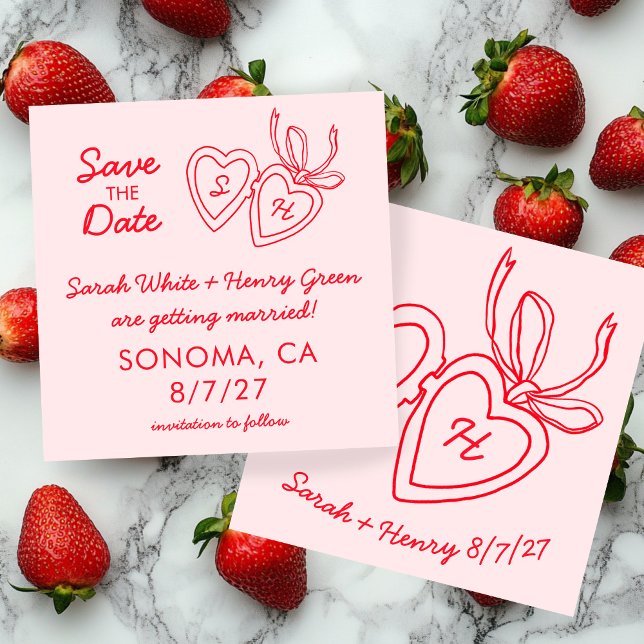 Whimsical Heart Locket Doodle Skizze Modern CUSTOM Save The Date (Whimsical Heart Locket Doodle Sketch Modern CUSTOM Save The Date Pink Red Square card
)