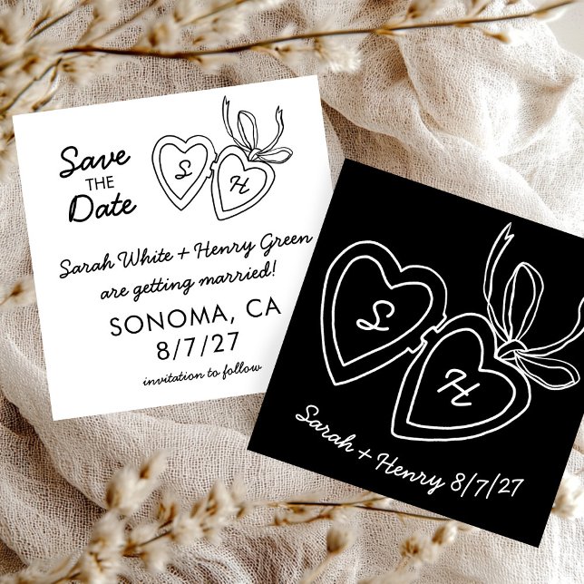 Whimsical Heart Locket Doodle Skizze Modern CUSTOM Save The Date (Whimsical Heart Locket Doodle Sketch Modern CUSTOM Save The Date Black White Chic Card
)