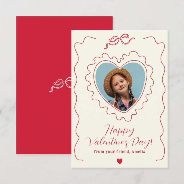 Whimsical Heart Photo Bow Frame Love Valentines Mitteilungskarte (Vorne/Hinten)