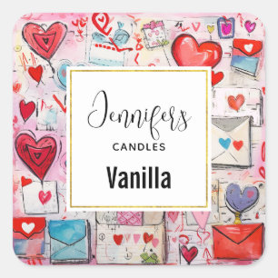 Whimsical Hearts and Liebe Letters Candle Business Quadratischer Aufkleber