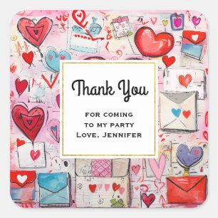 Whimsical Hearts and Liebe Letters Party Vielen Da Quadratischer Aufkleber