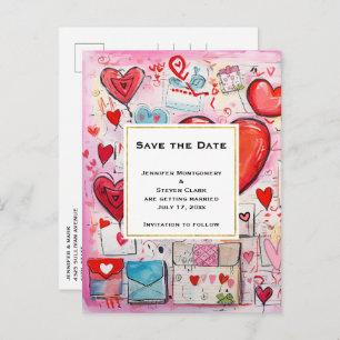 Whimsical Hearts and Liebe Letters Save the Date Einladungspostkarte