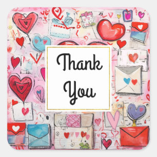 Whimsical Hearts and Liebe Letters Vielen Dank Quadratischer Aufkleber