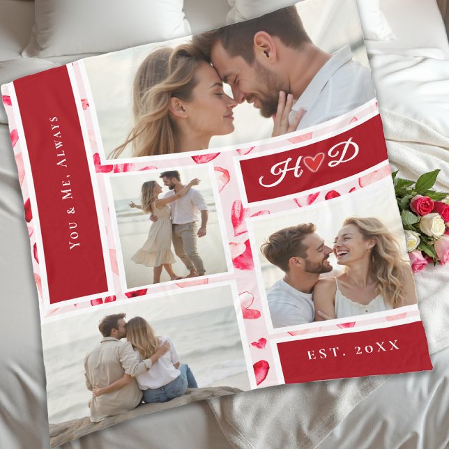 Whimsical Hearts Romantic Photo Collage Gift Red Fleecedecke (valentine love gift photo collage red blanket watercolor hearts bridal birthday anniversary )
