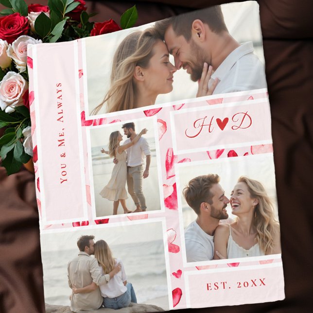 Whimsical Hearts Romantisches Chic Foto Collage Ge Fleecedecke (valentine love gift photo collage blanket watercolor hearts bridal birthday anniversary)