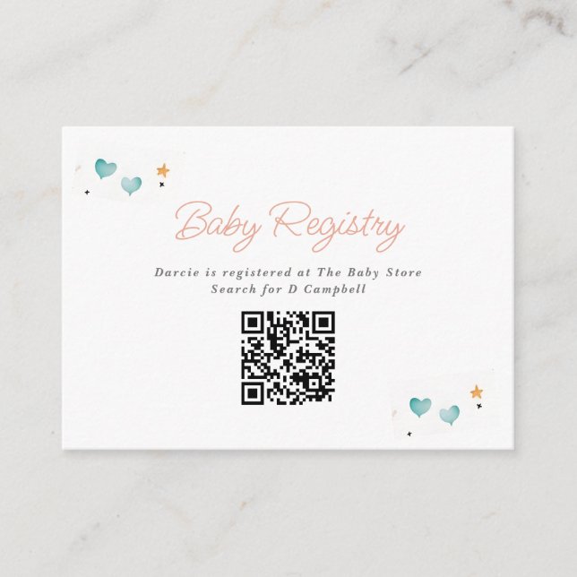 Whimsical Hearts & Stars Baby Registry QR Code Begleitkarte (Vorderseite)
