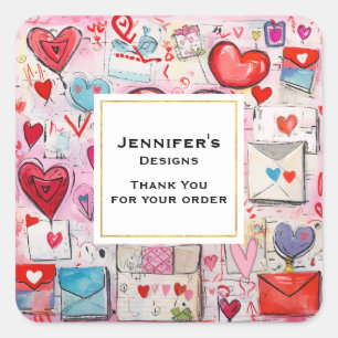 Whimsical Hearts und Liebe Briefe Biz Vielen Dank Quadratischer Aufkleber