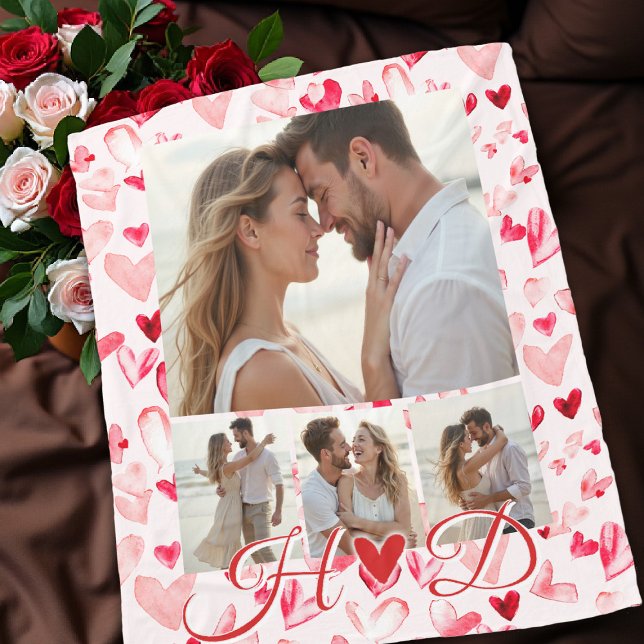 Whimsical Hearts Valentine Red Pink Photo Collage  Fleecedecke (valentine love photo collage blanket hearts bridal birthday anniversary boyfriend girlfriend gift)