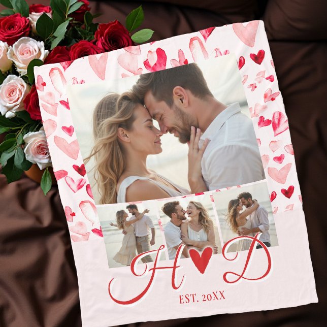 Whimsical Hearts Valentins-Monogramm-Foto-Collage  Fleecedecke (valentine love photo collage hearts blanket bridal birthday anniversary boyfriend girlfriend gift)
