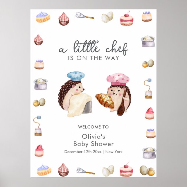 Whimsical Hedgehog Chef Baker Baby Shower Welcome Poster (Vorne)