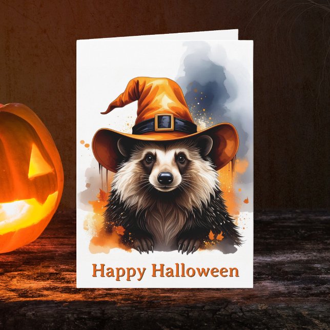 Whimsical Hedgehog Orange Witch Hat Halloween Karte (Happy Halloween Hedgehog Witch Card. Spooky season notecards)