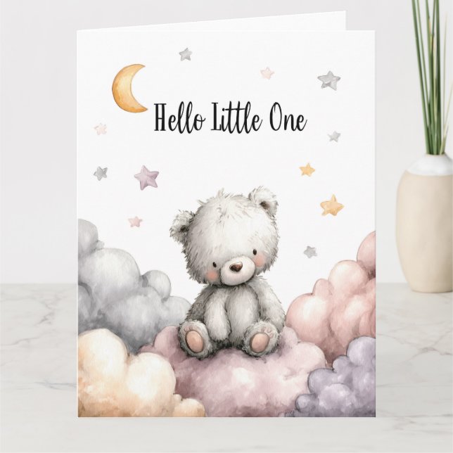 Whimsical "Hello Little One" Teddy Bär Karte (Vorderseite)