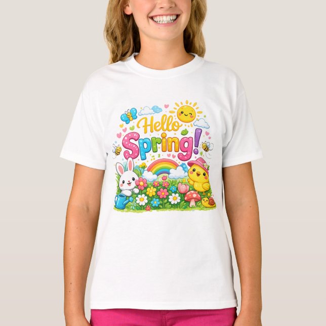 Whimsical "Hello Spring" Illustration with Bunny T-Shirt (Vorderseite)