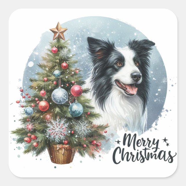 Whimsical Herding Border Collie Dog Merry Xmas Quadratischer Aufkleber (Vorderseite)