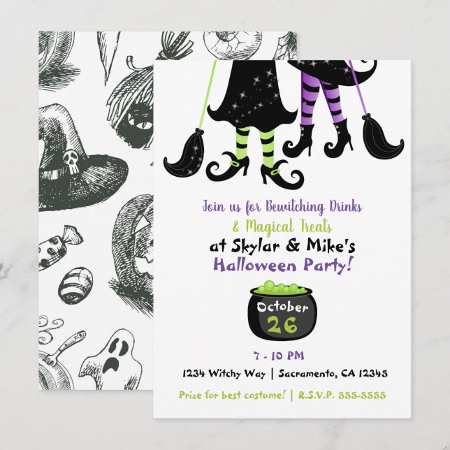 Whimsical Hexen Moderne Hexen Halloween-Party Einladung (Vorne/Hinten)