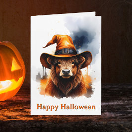 Whimsical Highland Cow Orange Witch Hat Halloween Karte