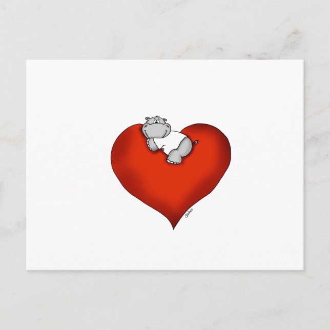 Whimsical Hippo on Heart Postkarte (Vorderseite)