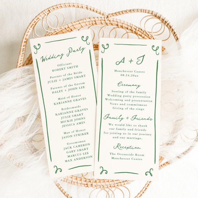 Whimsical Hochzeitsprogramm mit grüner Handzeichnu Menükarte (Von Creator hochgeladen)