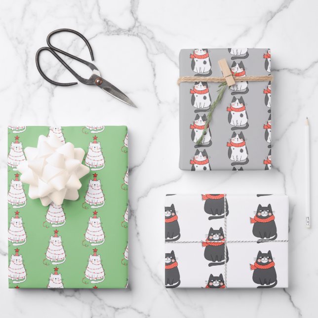 Whimsical Holiday Cat Trio Geschenkpapier Set (Vorderseite)