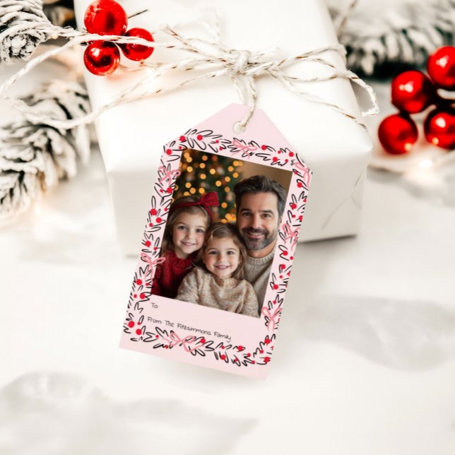Whimsical Holiday Wreath & Bows Photo Card Geschenkanhänger (Whimsical Christmas Wreath holiday pink gift tag)