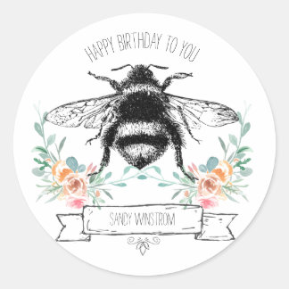 Whimsical Honey Bee Happy Birthday Floral Sticker