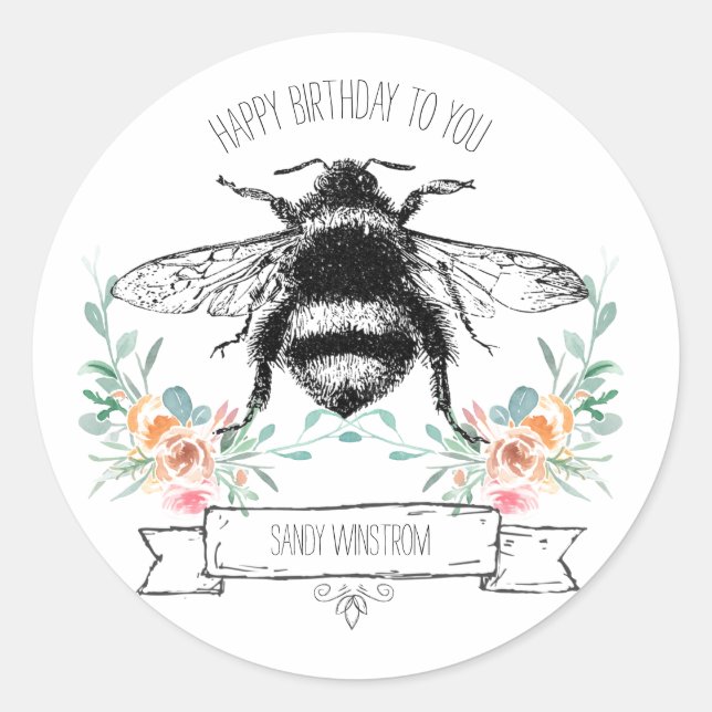 Whimsical Honey Bee Happy Birthday Floral Sticker (Vorderseite)