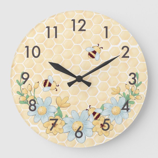 Whimsical Honey Bee Yellow Große Wanduhr (Vorderseite)