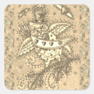WHIMSICAL HOOTS N' HEARTS CUPID OWL VALENTINE QUADRATISCHER AUFKLEBER