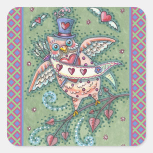 WHIMSICAL HOOTS N' HEARTS CUPID OWL VALENTINE QUADRATISCHER AUFKLEBER
