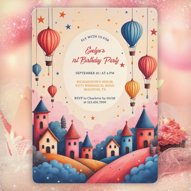Whimsical Hot Air Ballon 1. Geburtstag Party Einladung (Whimsical Hot Air Balloon 1st Birthday Party Invitation  Personalized Girl’s Party Invite)