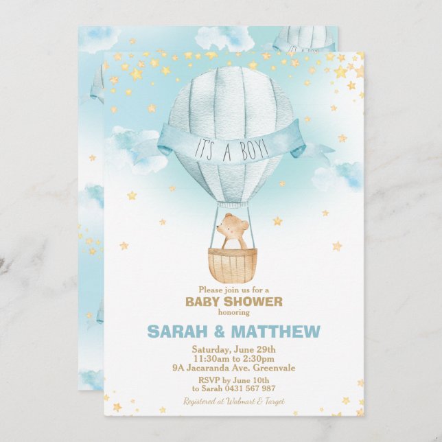 Whimsical Hot Air Ballon Baby Dusche Bärenjunge Einladung (Vorne/Hinten)